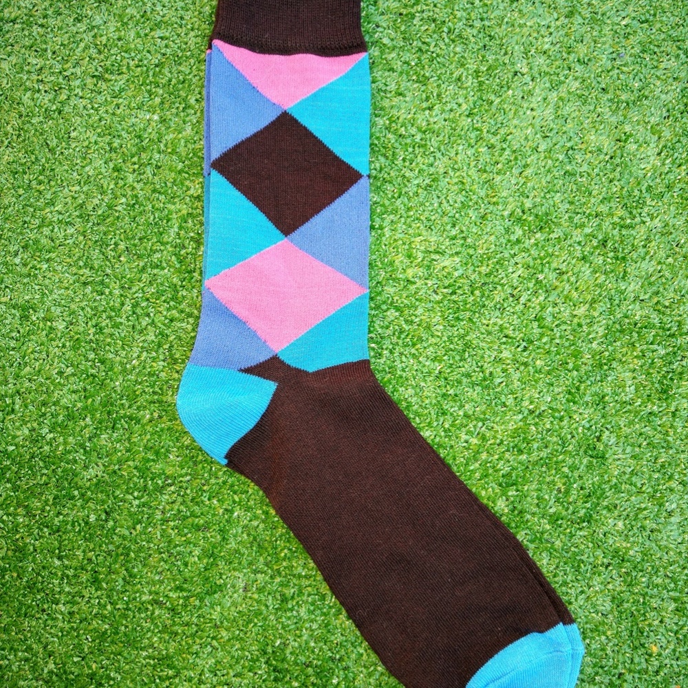 New Pink/Black/Blue/Aqua Multicolor Plaid Men's Crew Dress Socks Pair